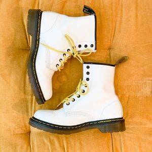 White Dr Martens with yellow laces
